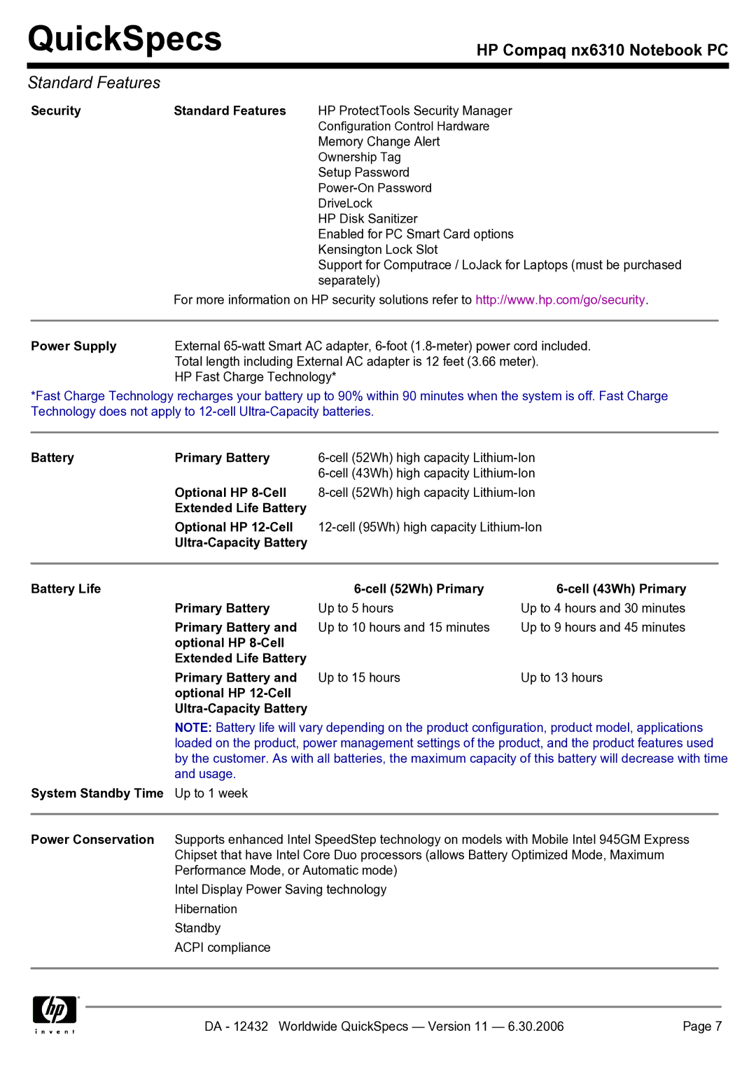 Compaq NX6310 Security Standard Features, Power Supply, Battery Primary Battery, Optional HP 8-Cell, System Standby Time 