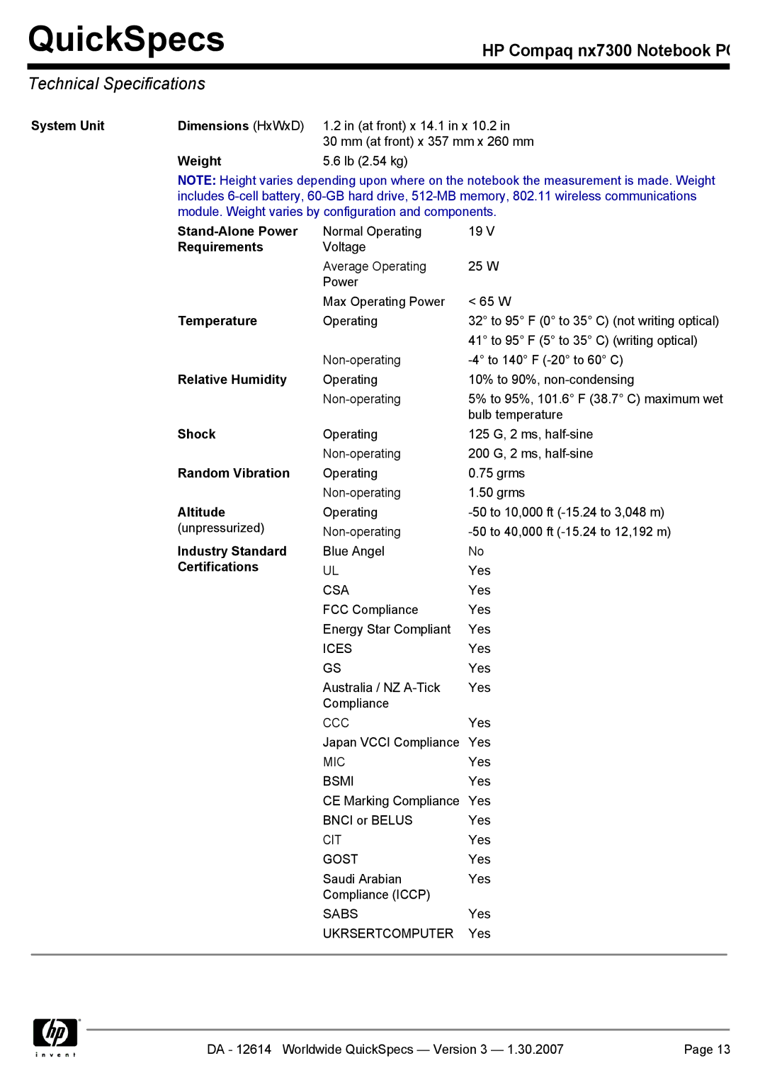 Compaq nx7300 manual Technical Specifications 