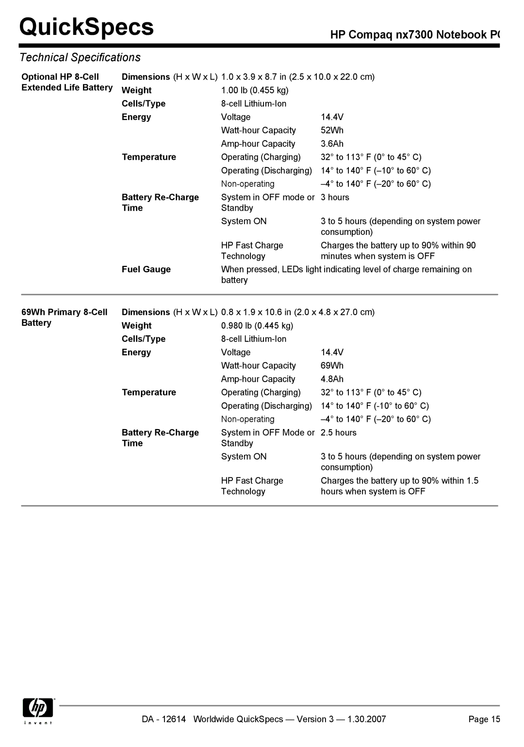 Compaq nx7300 manual Optional HP 8-Cell, Extended Life Battery Weight, 69Wh Primary 8-Cell 