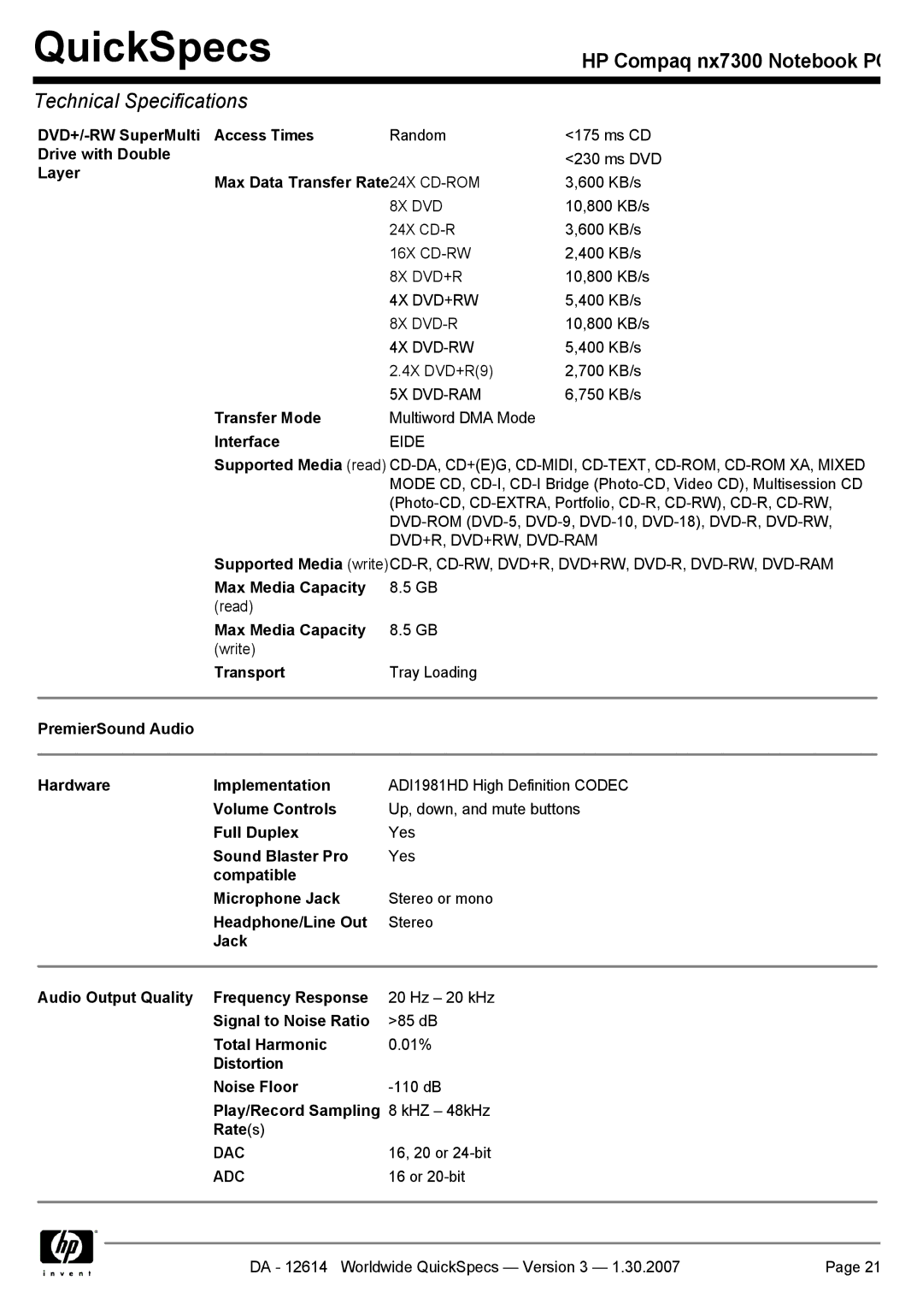 Compaq nx7300 DVD+/-RW SuperMulti Access Times, PremierSound Audio Hardware Implementation, Volume Controls, Full Duplex 