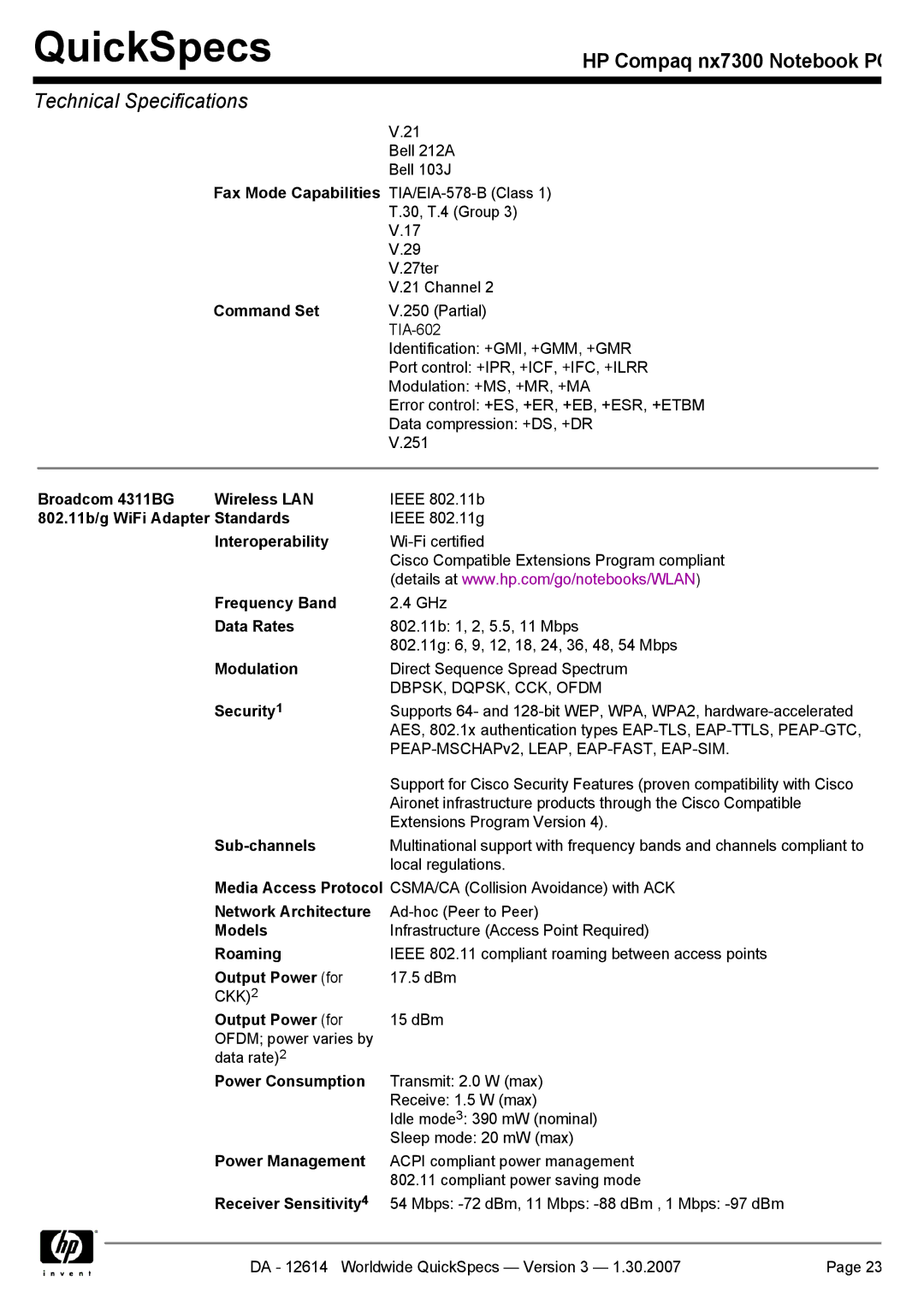 Compaq nx7300 Command Set, Broadcom 4311BG Wireless LAN, 802.11b/g WiFi Adapter Standards, Interoperability, Data Rates 