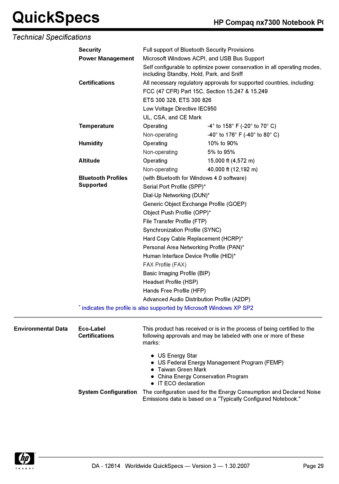 Compaq nx7300 manual Bluetooth Profiles, Environmental Data Eco-Label, System Configuration 