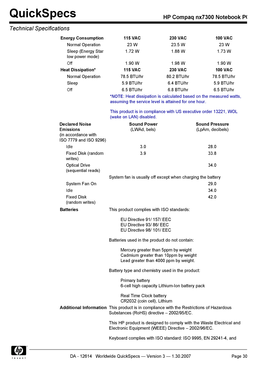 Compaq nx7300 manual Energy Consumption 115 VAC 230 VAC 100 VAC, Heat Dissipation 115 VAC 230 VAC 100 VAC, Batteries 