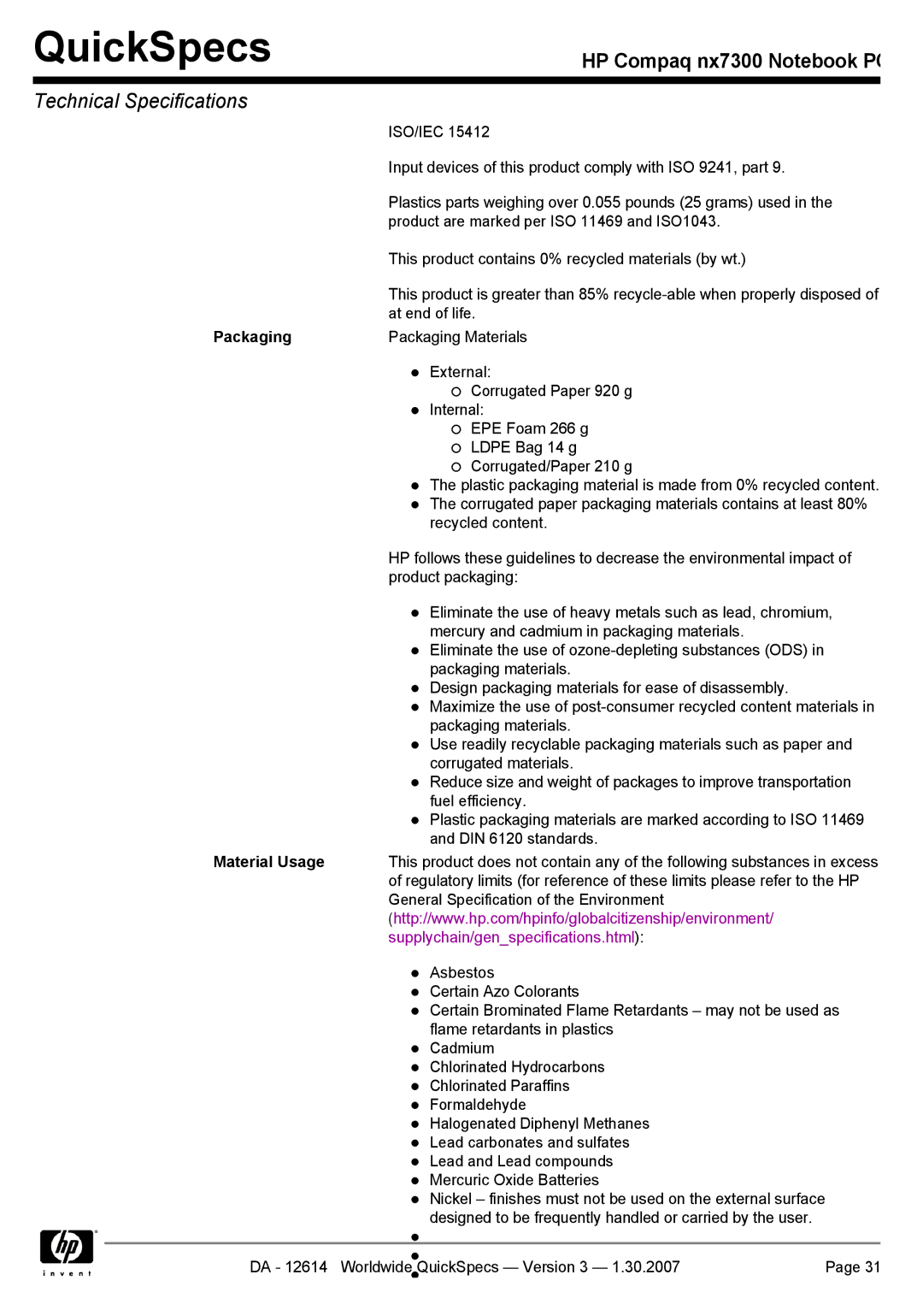 Compaq nx7300 manual Packaging, Material Usage 