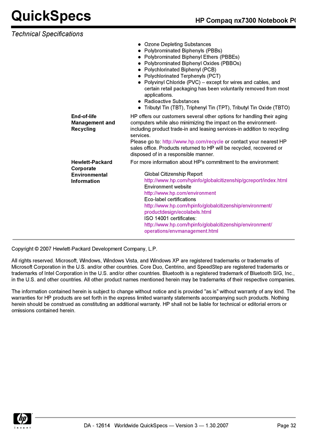 Compaq nx7300 manual QuickSpecs 