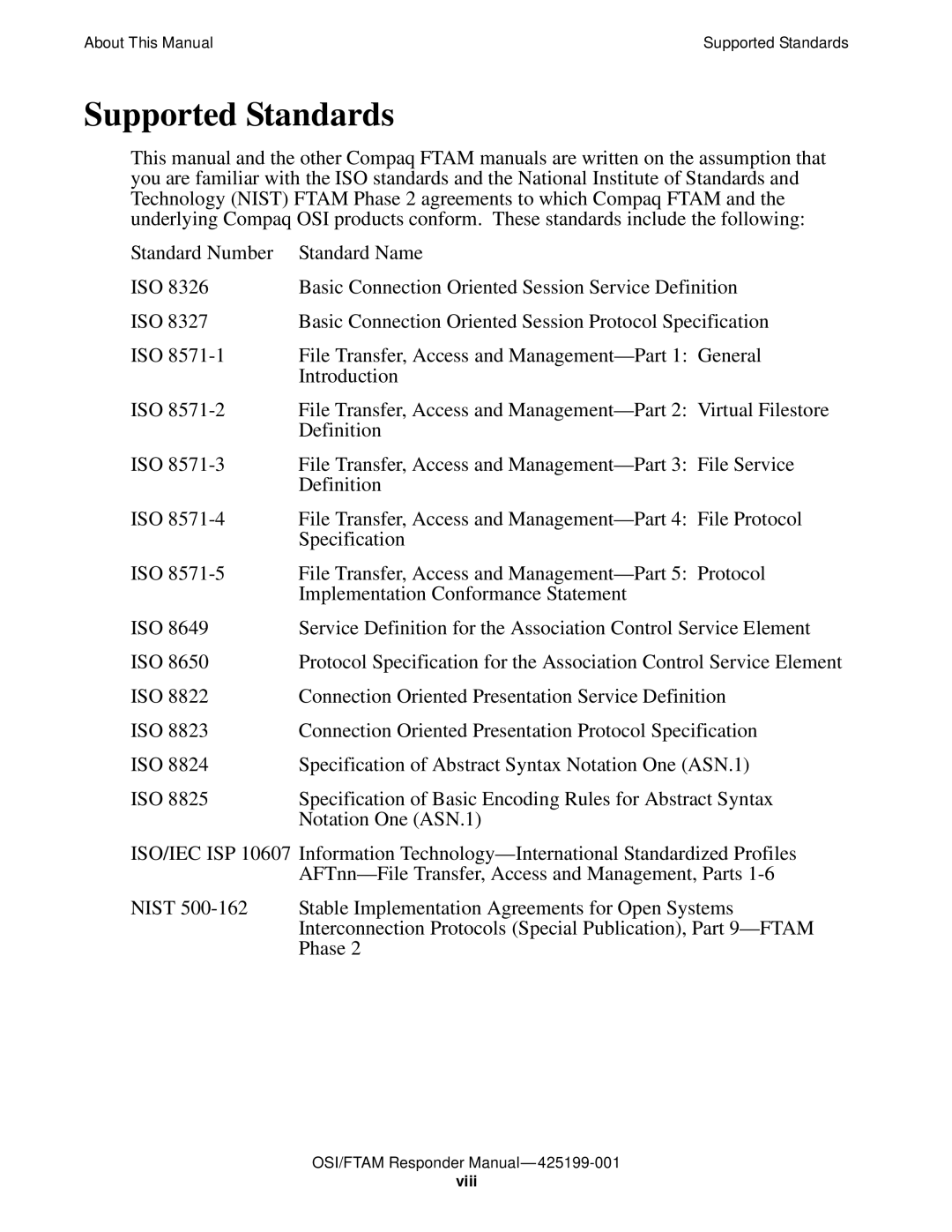 Compaq OSI/APLMGR D43, OSI/FTAM D43 manual Supported Standards 