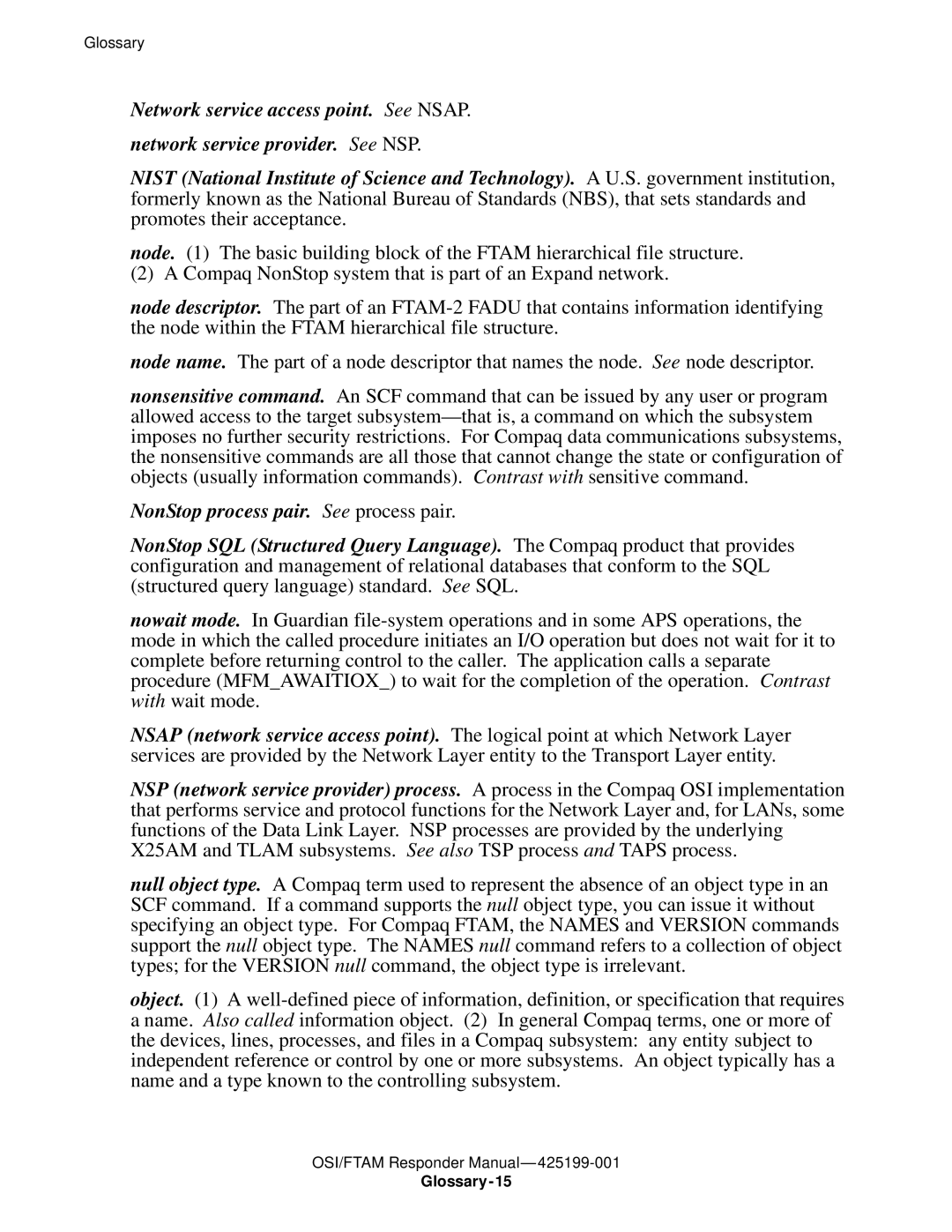 Compaq OSI/FTAM D43, OSI/APLMGR D43 manual Glossary-15 