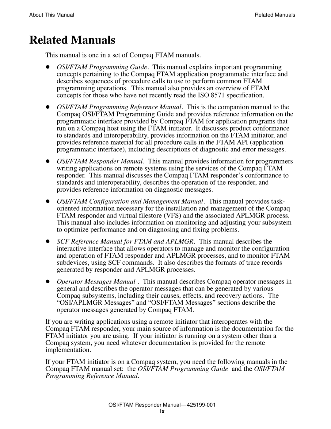 Compaq OSI/FTAM D43, OSI/APLMGR D43 manual Related Manuals 