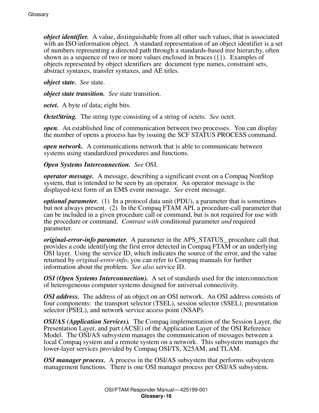 Compaq OSI/APLMGR D43, OSI/FTAM D43 manual Open Systems Interconnection. See OSI 