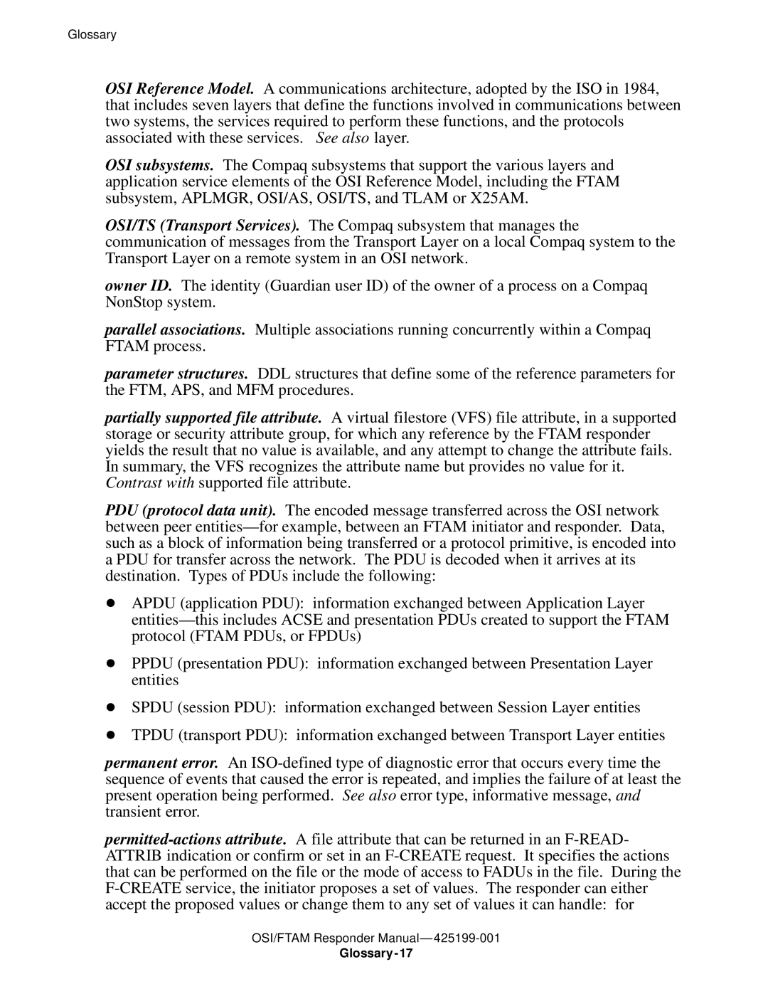 Compaq OSI/FTAM D43, OSI/APLMGR D43 manual Glossary-17 