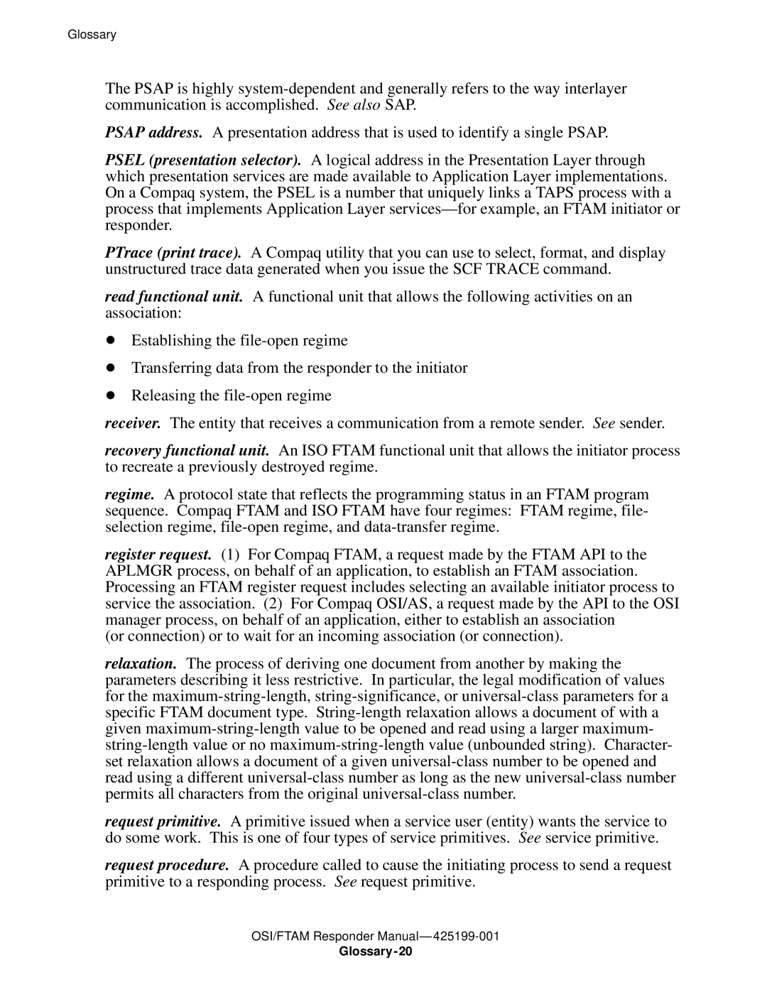 Compaq OSI/APLMGR D43, OSI/FTAM D43 manual Glossary-20 