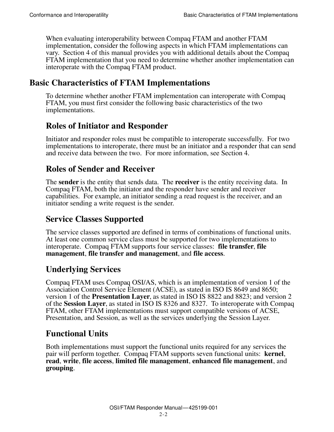 Compaq OSI/APLMGR D43 Basic Characteristics of Ftam Implementations, Roles of Initiator and Responder, Underlying Services 