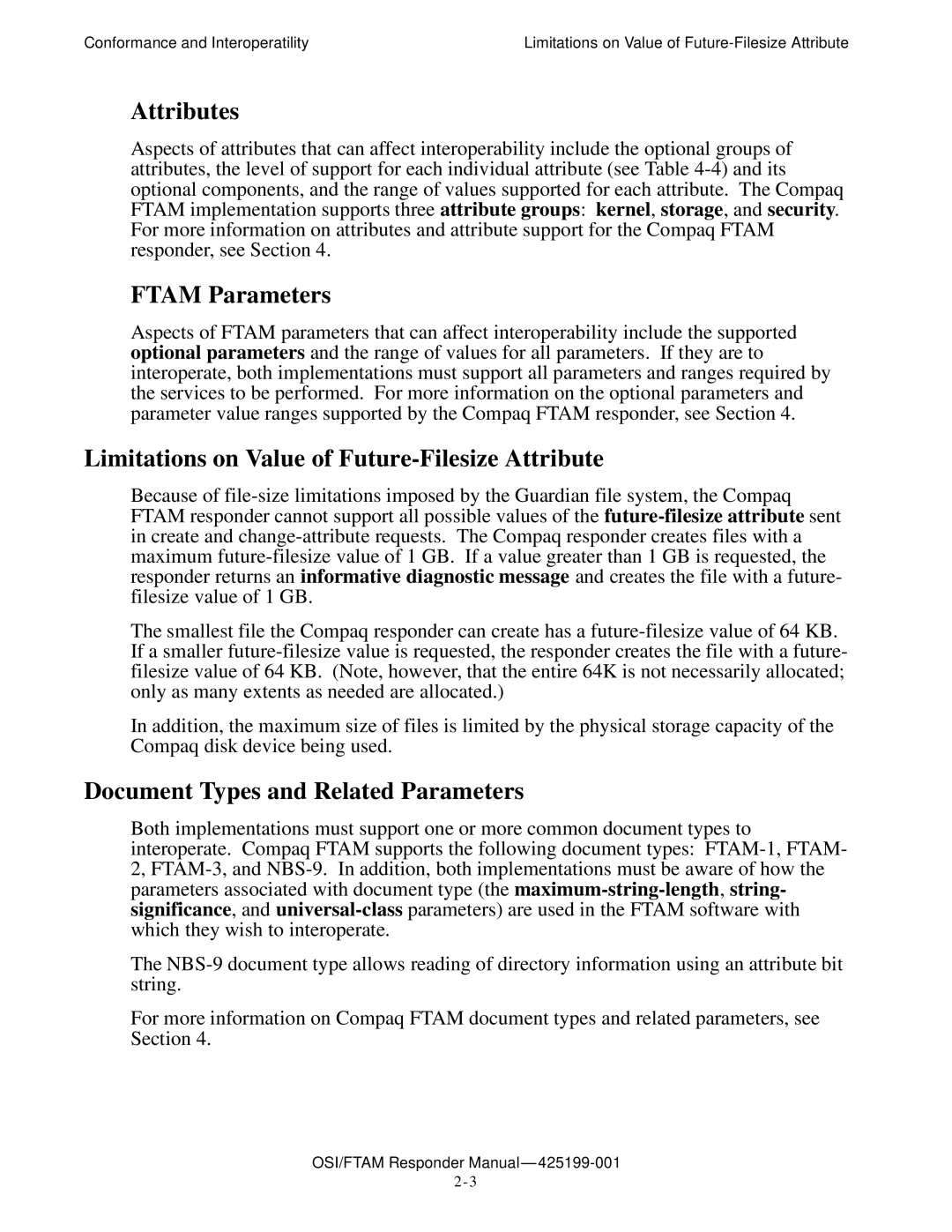 Compaq OSI/FTAM D43, OSI/APLMGR D43 manual Attributes, Ftam Parameters, Limitations on Value of Future-Filesize Attribute 