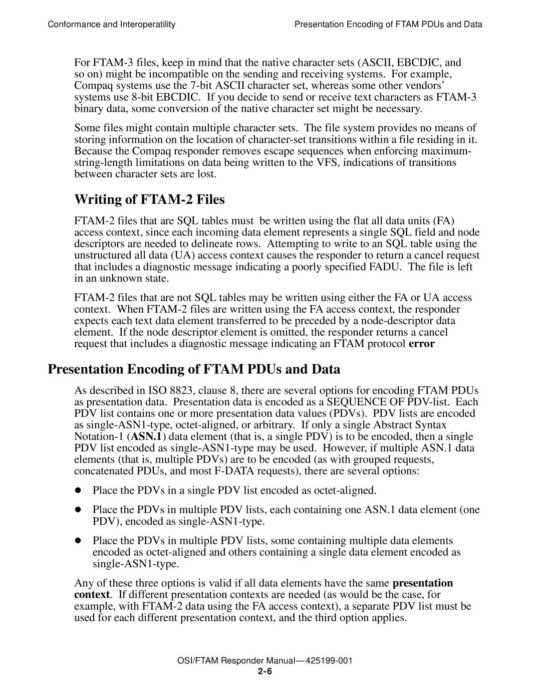 Compaq OSI/APLMGR D43, OSI/FTAM D43 manual Writing of FTAM-2 Files, Presentation Encoding of Ftam PDUs and Data 