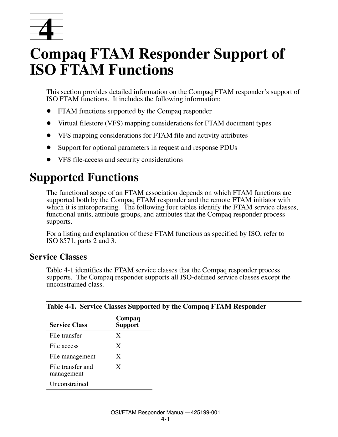 Compaq OSI/FTAM D43 manual Compaq Ftam Responder Support of ISO Ftam Functions, Supported Functions, Service Classes 