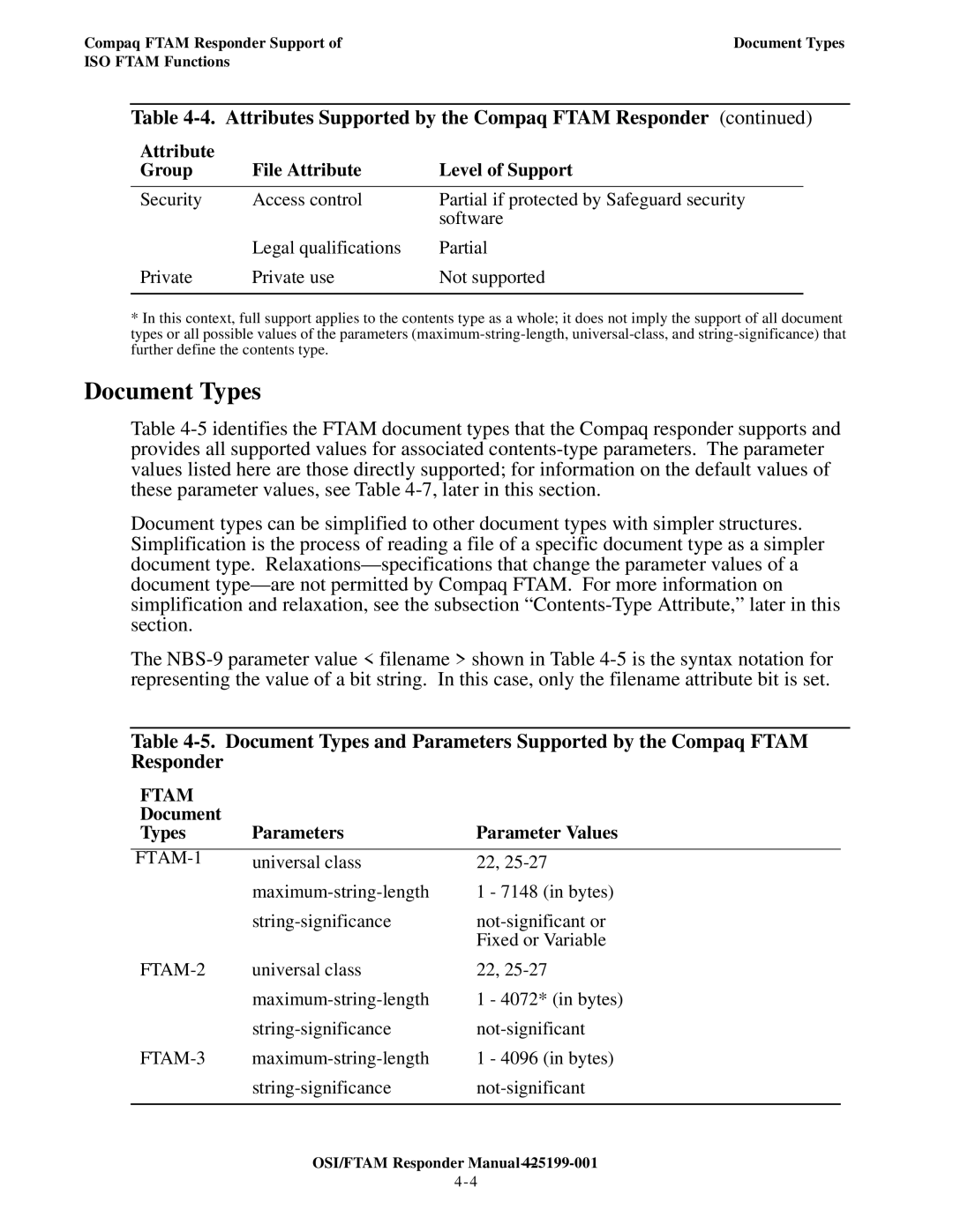 Compaq OSI/APLMGR D43, OSI/FTAM D43 manual Document Types, Document Parameters Parameter Values Types 