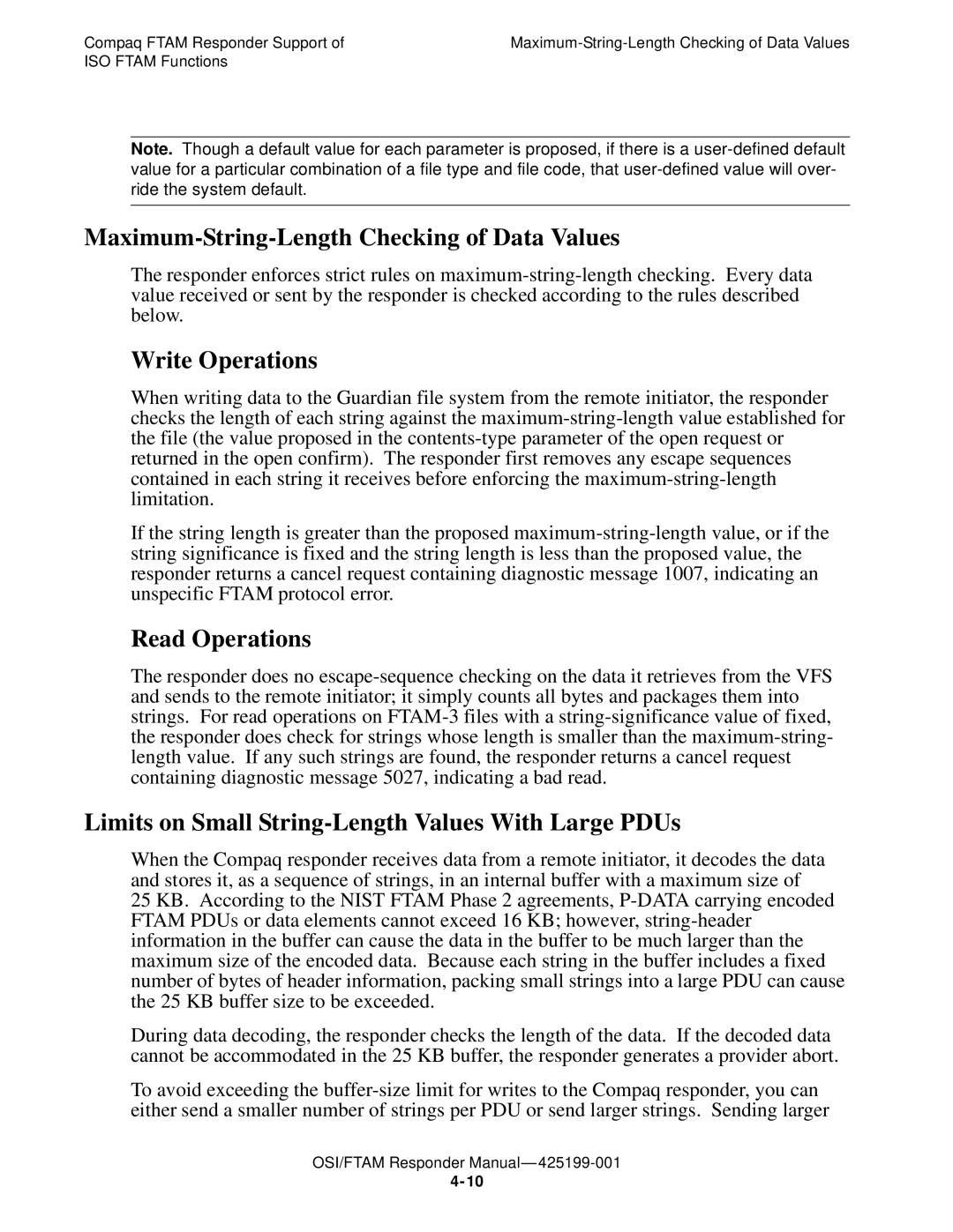 Compaq OSI/APLMGR D43, OSI/FTAM D43 manual Maximum-String-Length Checking of Data Values, Write Operations, Read Operations 