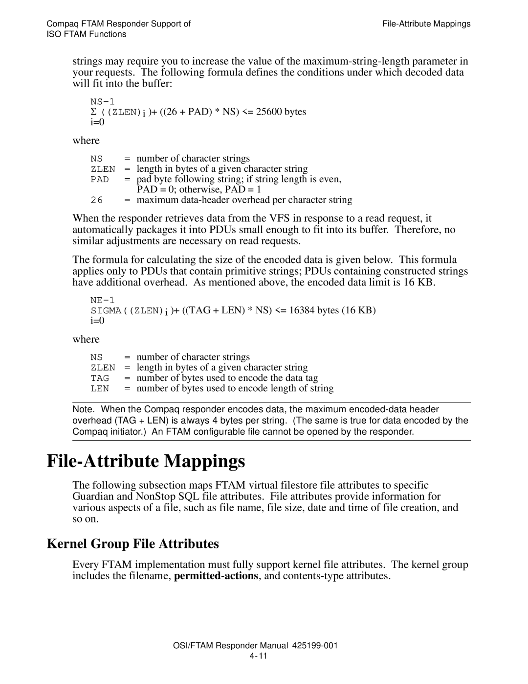 Compaq OSI/FTAM D43, OSI/APLMGR D43 manual File-Attribute Mappings, Kernel Group File Attributes 