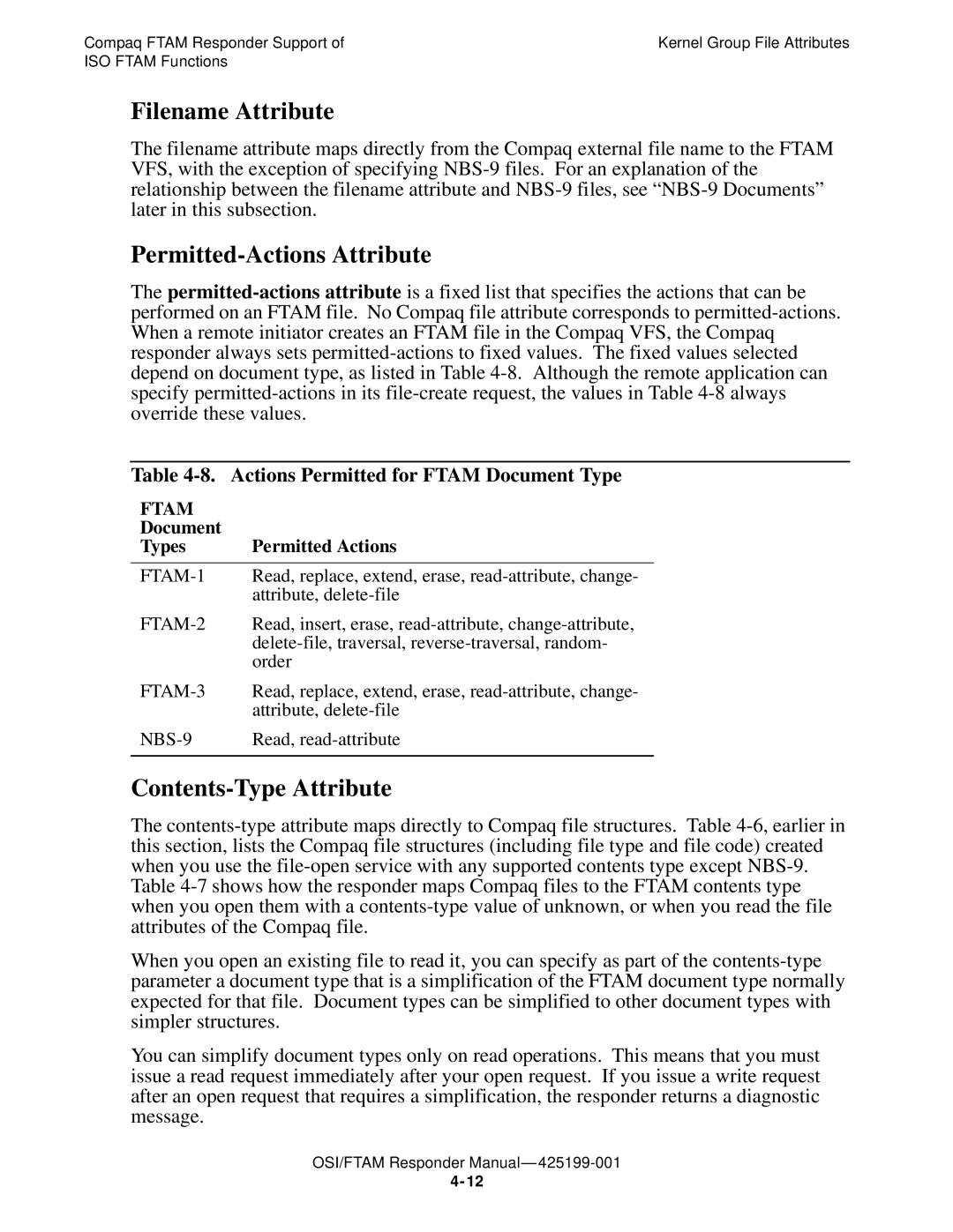 Compaq OSI/APLMGR D43, OSI/FTAM D43 manual Filename Attribute, Permitted-Actions Attribute, Contents-Type Attribute 
