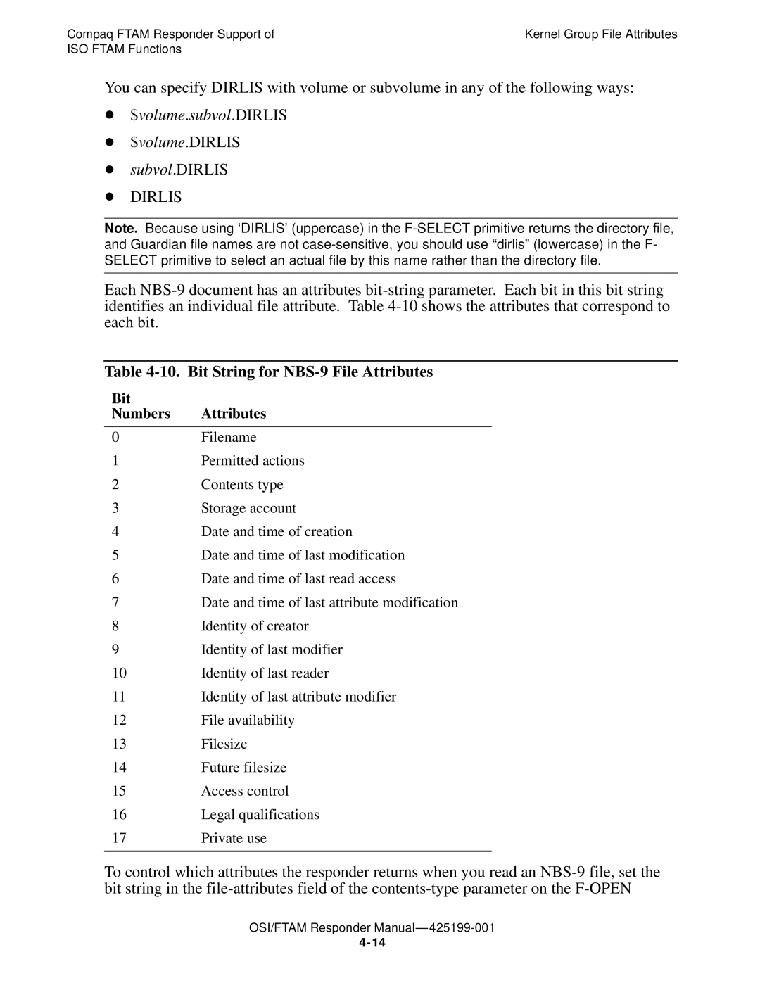 Compaq OSI/APLMGR D43, OSI/FTAM D43 manual Bit String for NBS-9 File Attributes, Bit Attributes Numbers 