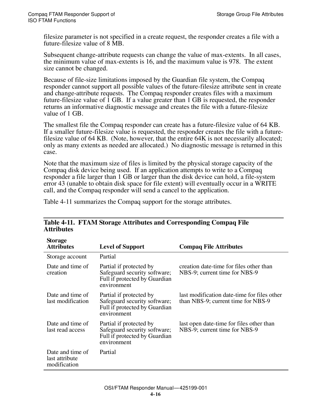 Compaq OSI/APLMGR D43, OSI/FTAM D43 manual Storage Level of Support Compaq File Attributes 