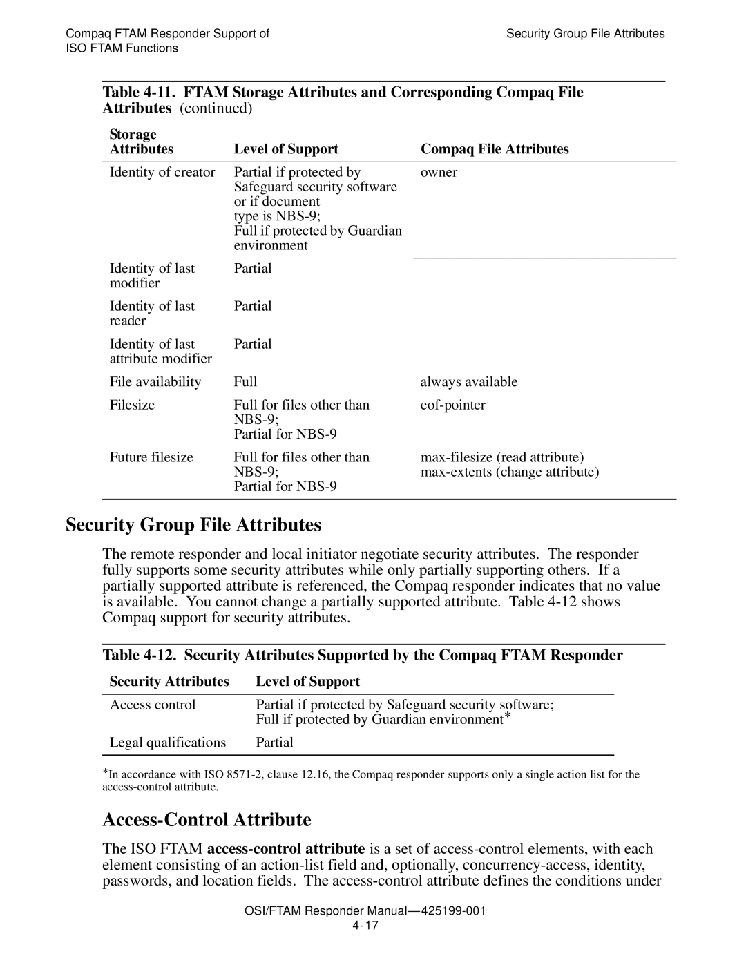 Compaq OSI/FTAM D43 manual Security Group File Attributes, Access-Control Attribute, Security Attributes Level of Support 