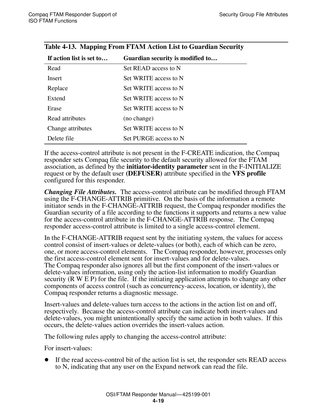 Compaq OSI/FTAM D43, OSI/APLMGR D43 manual Mapping From Ftam Action List to Guardian Security 