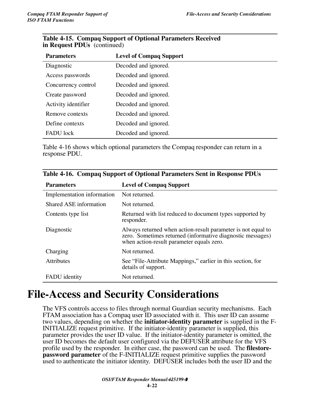 Compaq OSI/APLMGR D43, OSI/FTAM D43 manual File-Access and Security Considerations 