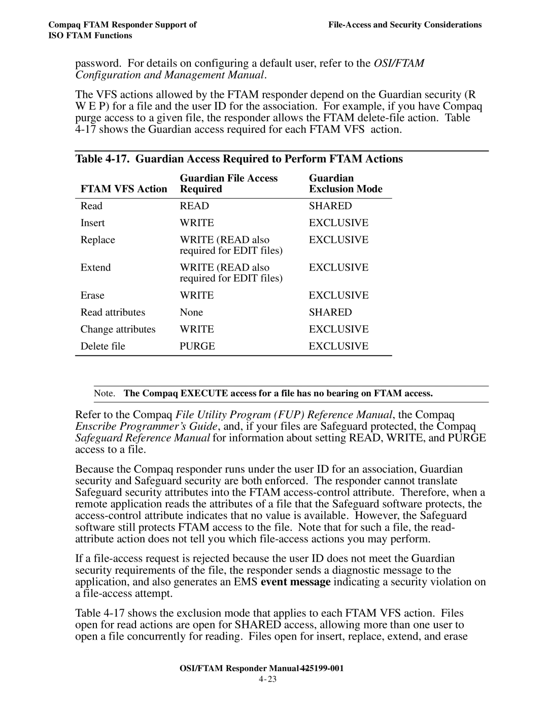 Compaq OSI/FTAM D43, OSI/APLMGR D43 manual Guardian Access Required to Perform Ftam Actions 