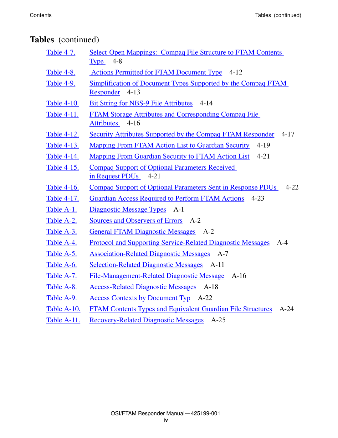 Compaq OSI/APLMGR D43, OSI/FTAM D43 manual Tables 