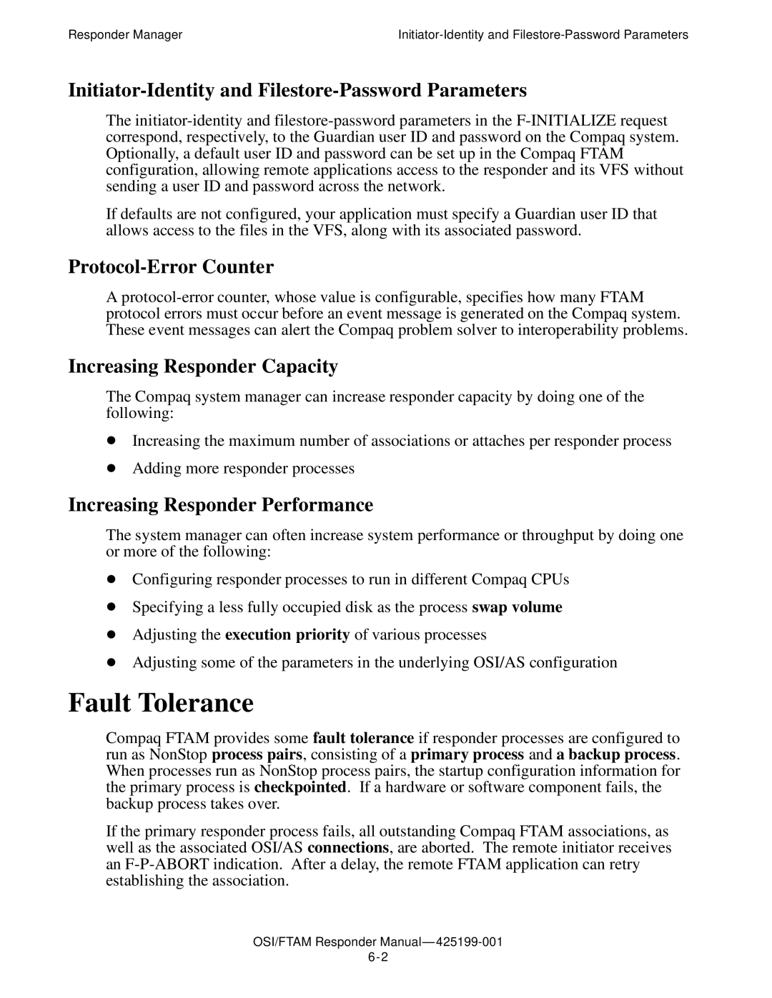 Compaq OSI/APLMGR D43 manual Fault Tolerance, Initiator-Identity and Filestore-Password Parameters, Protocol-Error Counter 