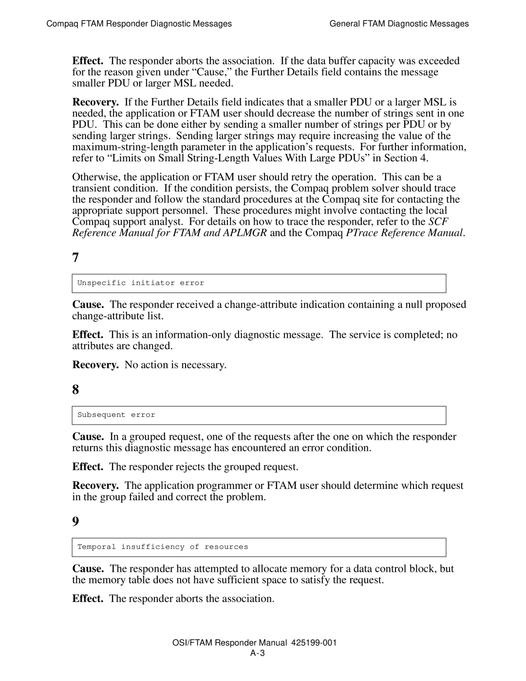 Compaq OSI/FTAM D43, OSI/APLMGR D43 manual Unspecific initiator error 