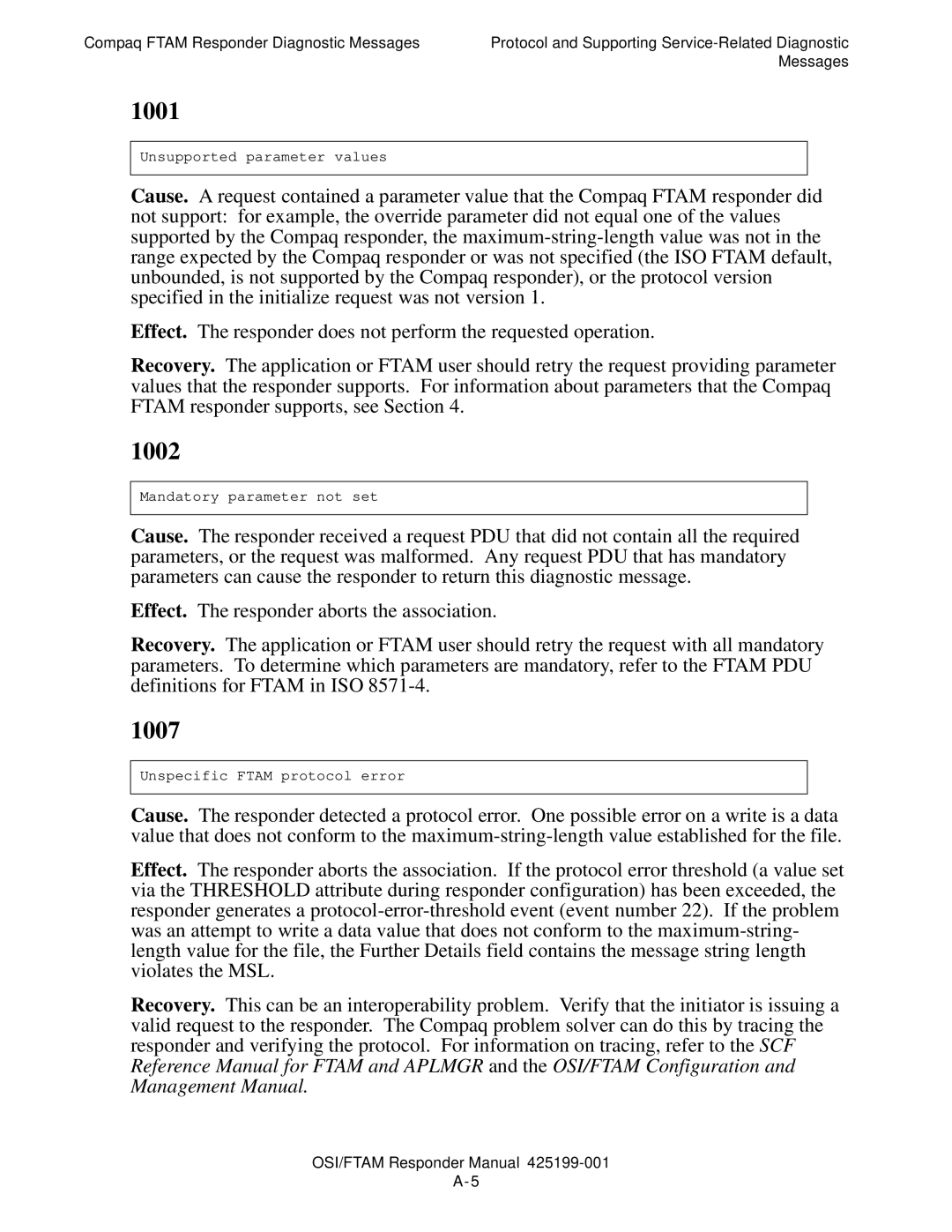 Compaq OSI/FTAM D43, OSI/APLMGR D43 manual 1001, 1002, 1007 