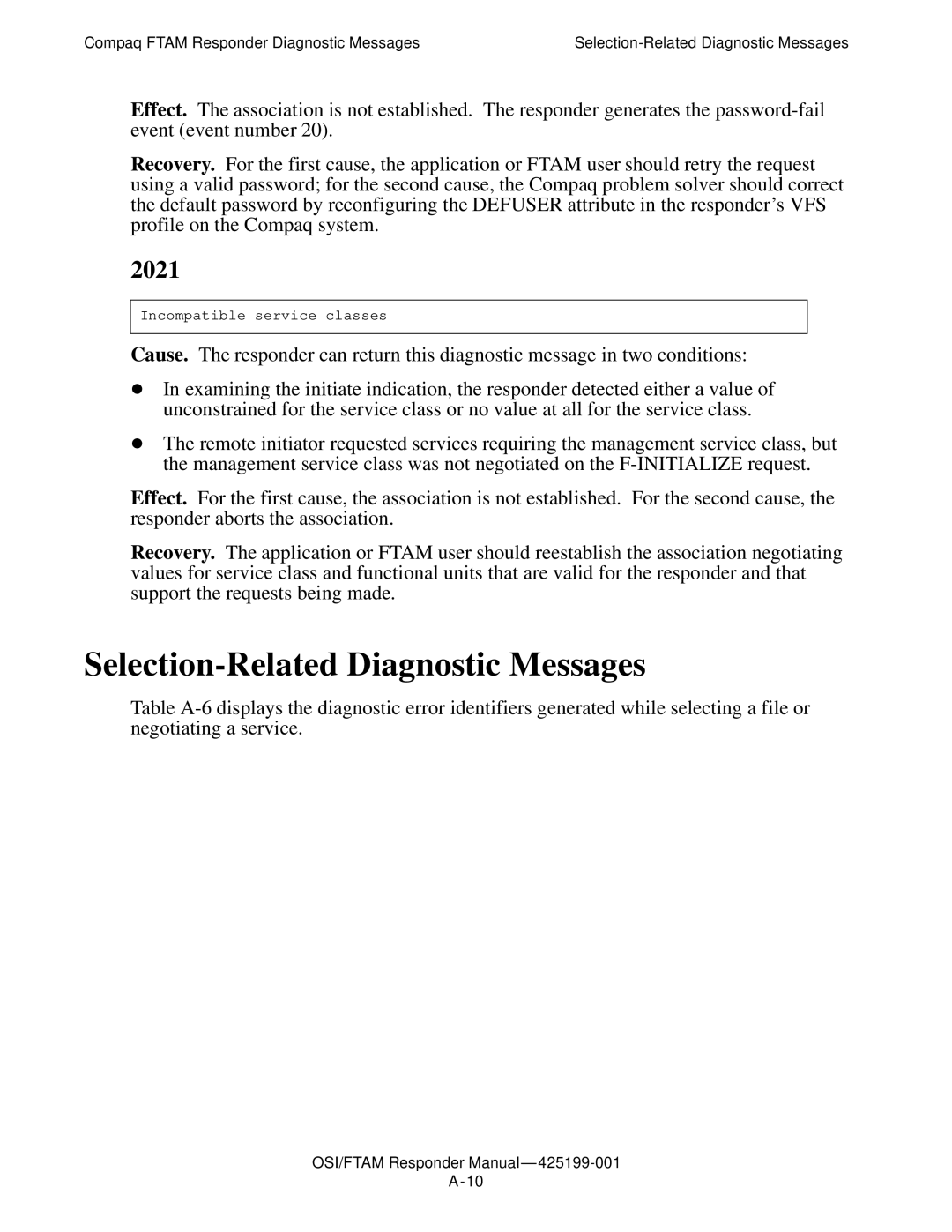 Compaq OSI/APLMGR D43, OSI/FTAM D43 manual Selection-Related Diagnostic Messages, 2021 