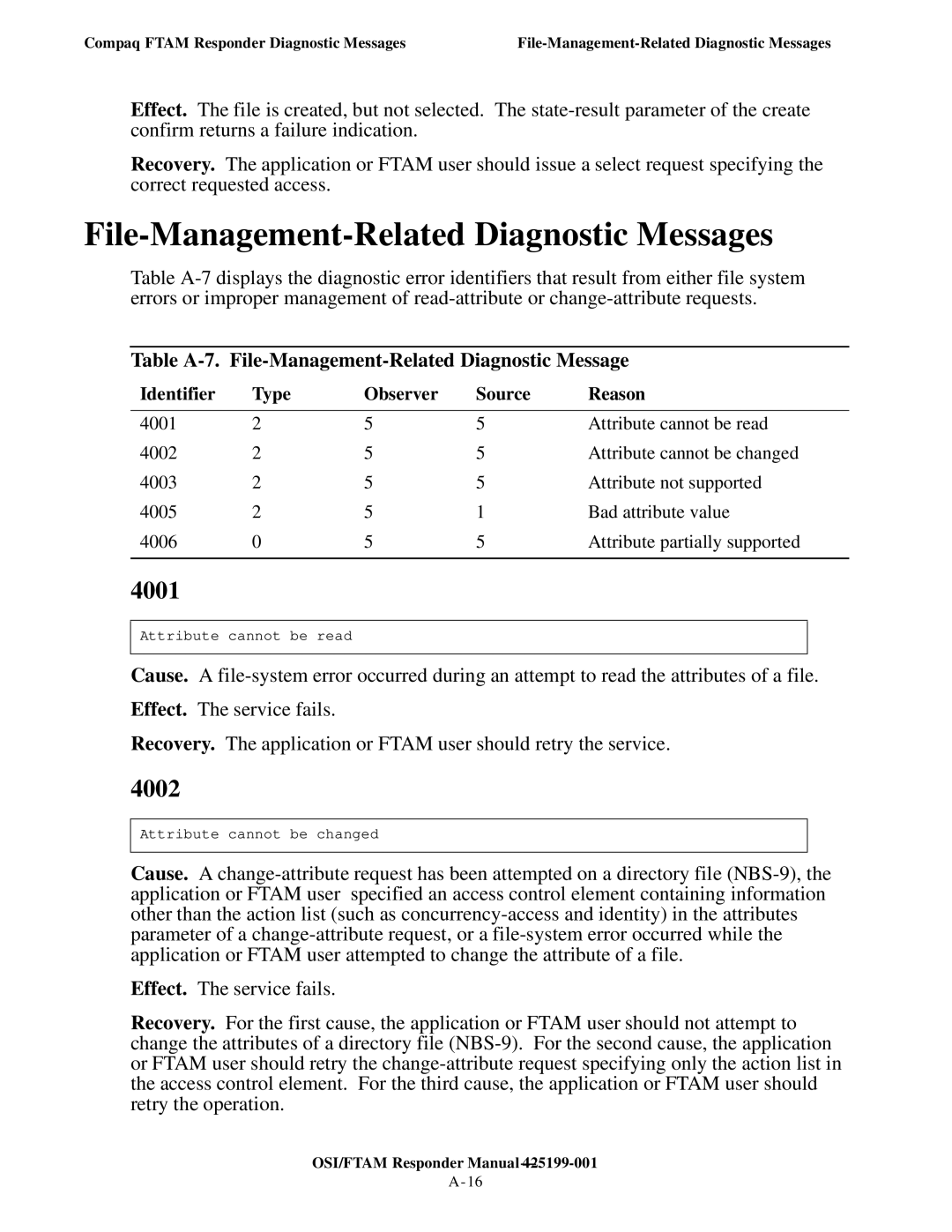 Compaq OSI/APLMGR D43, OSI/FTAM D43 manual File-Management-Related Diagnostic Messages, 4001, 4002 