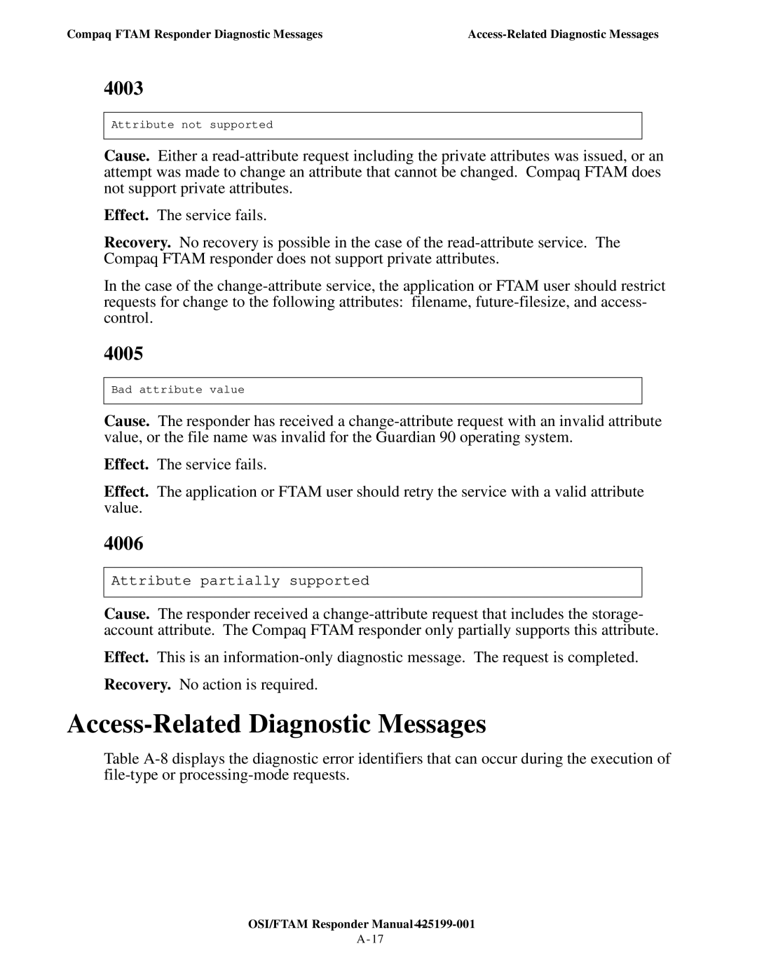 Compaq OSI/FTAM D43, OSI/APLMGR D43 manual Access-Related Diagnostic Messages, 4003, 4005, 4006 