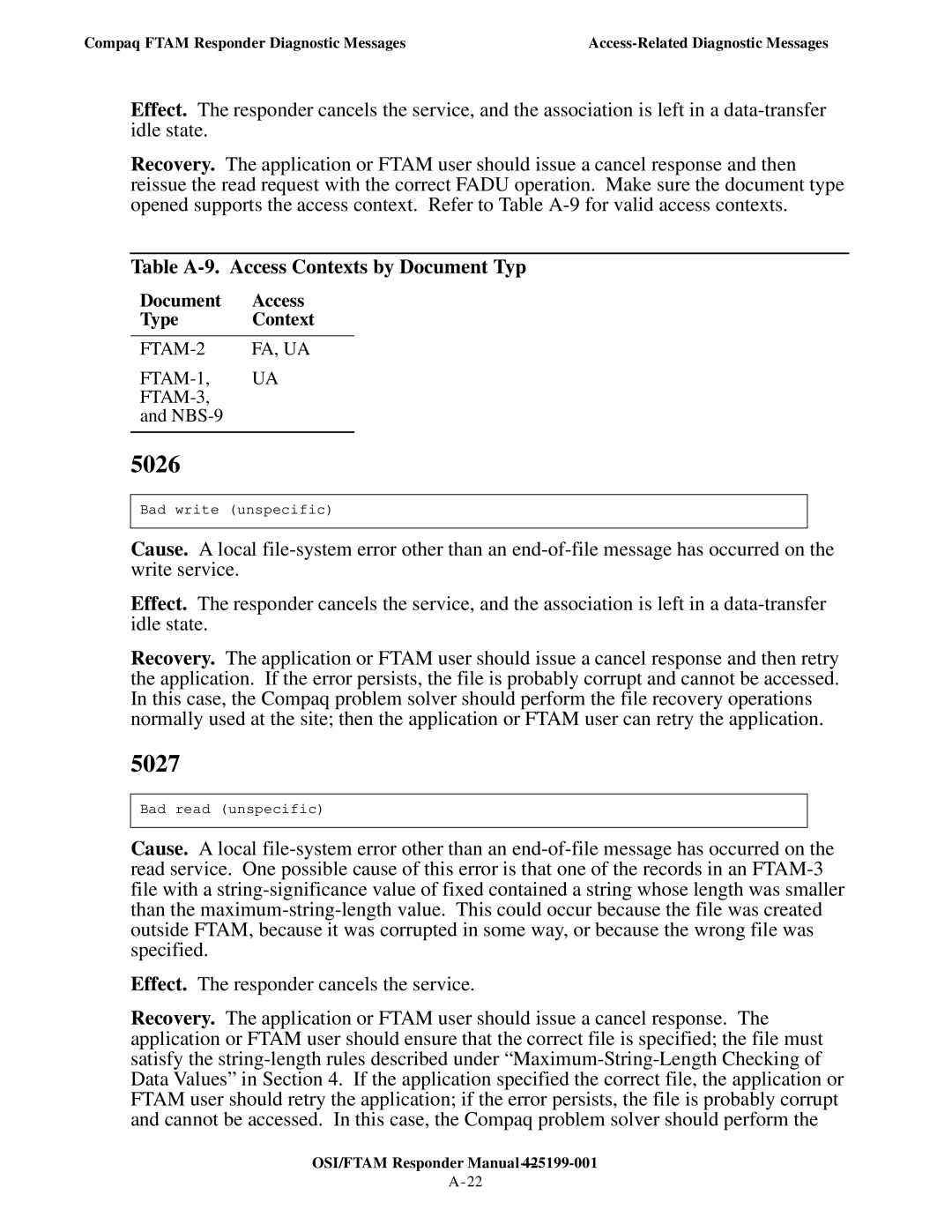 Compaq OSI/APLMGR D43, OSI/FTAM D43 5026, 5027, Table A-9. Access Contexts by Document Typ, Document Access Type Context 