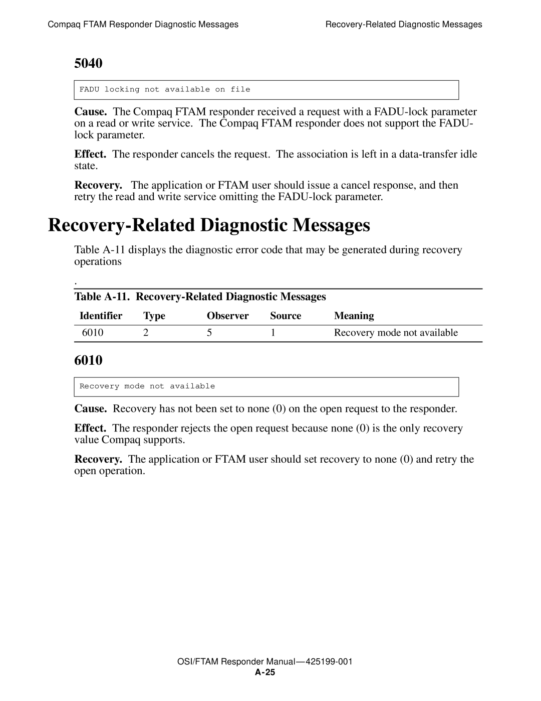 Compaq OSI/FTAM D43, OSI/APLMGR D43 manual 5040, 6010, Table A-11. Recovery-Related Diagnostic Messages 