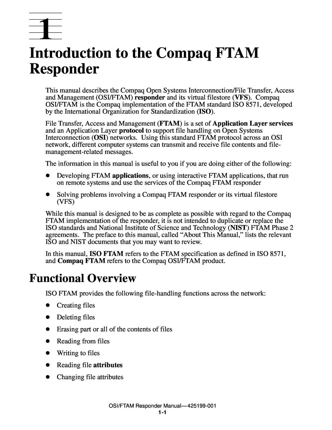 Compaq OSI/FTAM D43, OSI/APLMGR D43 manual Introduction to the Compaq FTAM Responder, Functional Overview 