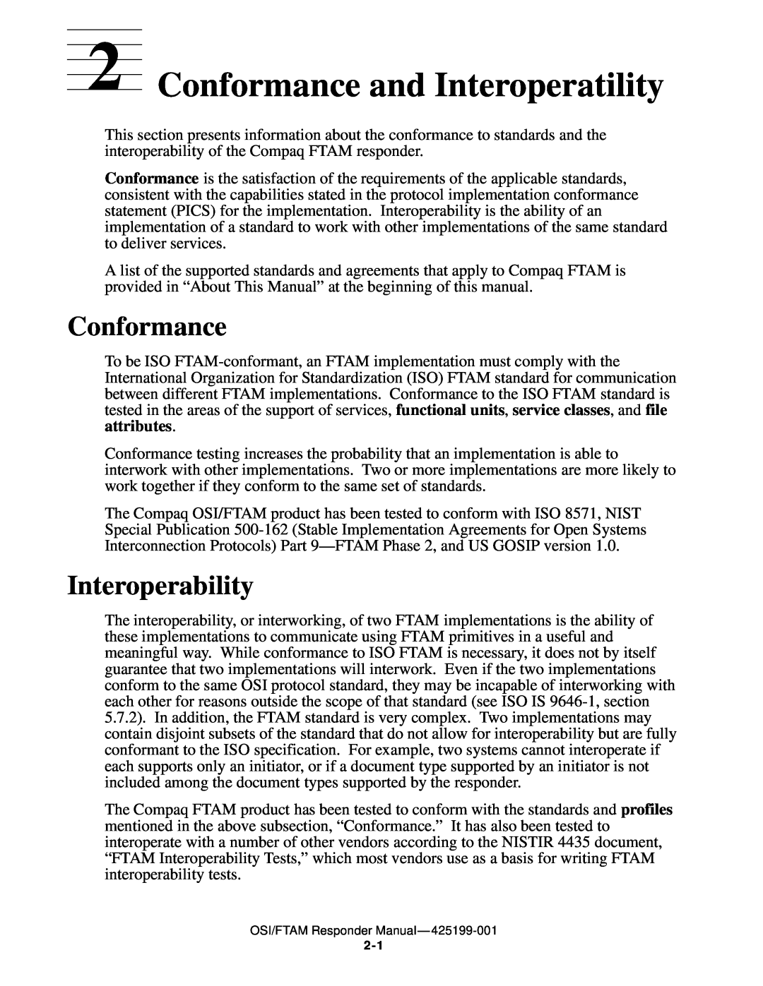 Compaq OSI/FTAM D43, OSI/APLMGR D43 manual Conformance and Interoperatility, Interoperability 