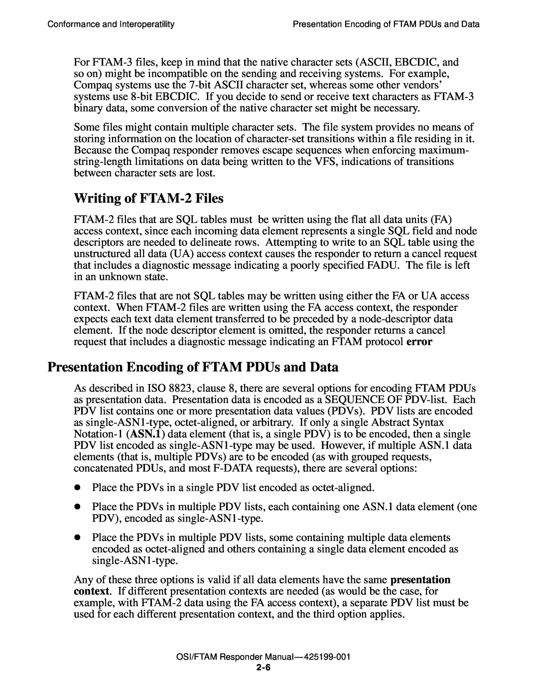 Compaq OSI/APLMGR D43, OSI/FTAM D43 manual Writing of FTAM-2 Files, Presentation Encoding of FTAM PDUs and Data 