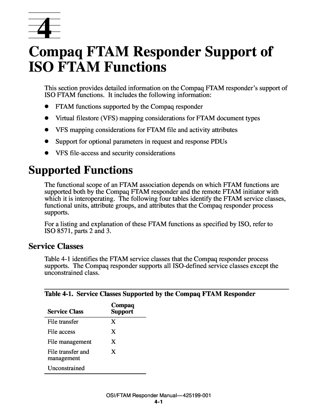 Compaq OSI/FTAM D43 manual Compaq FTAM Responder Support of ISO FTAM Functions, Supported Functions, Service Classes 