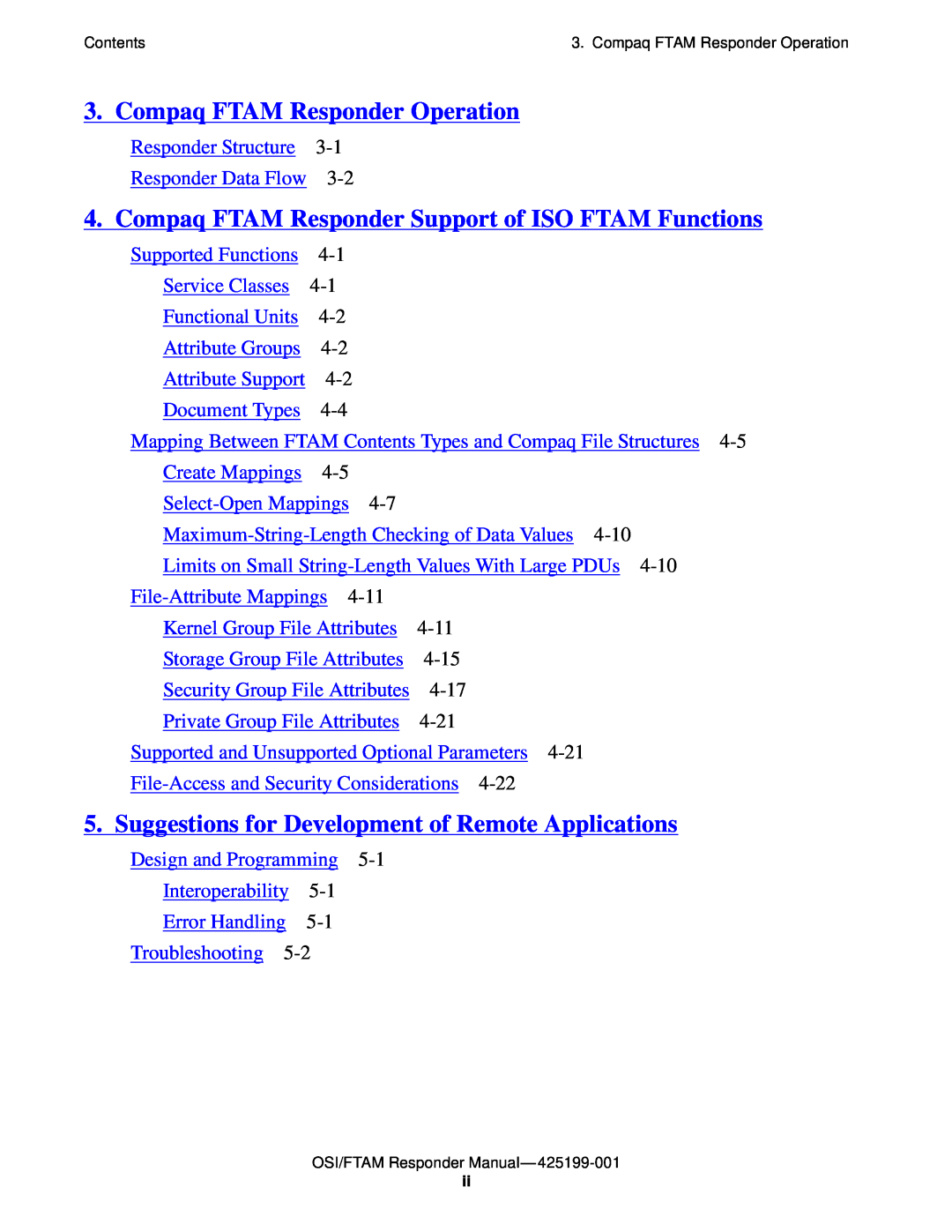 Compaq OSI/APLMGR D43, OSI/FTAM D43 Compaq FTAM Responder Operation, Compaq FTAM Responder Support of ISO FTAM Functions 