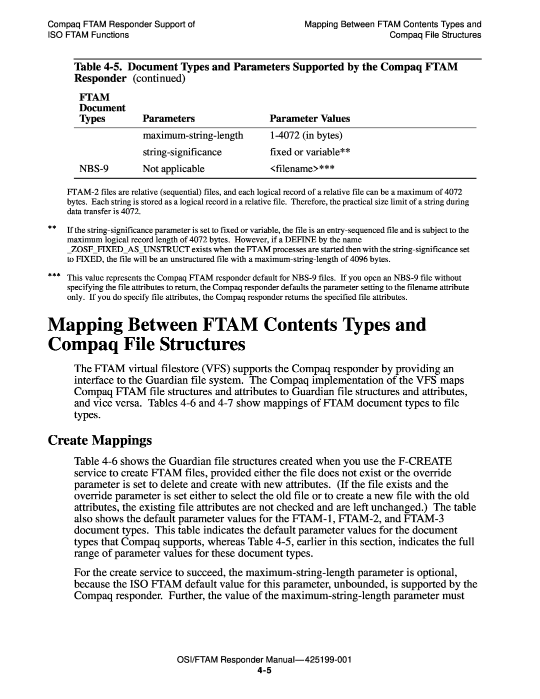 Compaq OSI/FTAM D43, OSI/APLMGR D43 manual Mapping Between FTAM Contents Types and Compaq File Structures, Create Mappings 