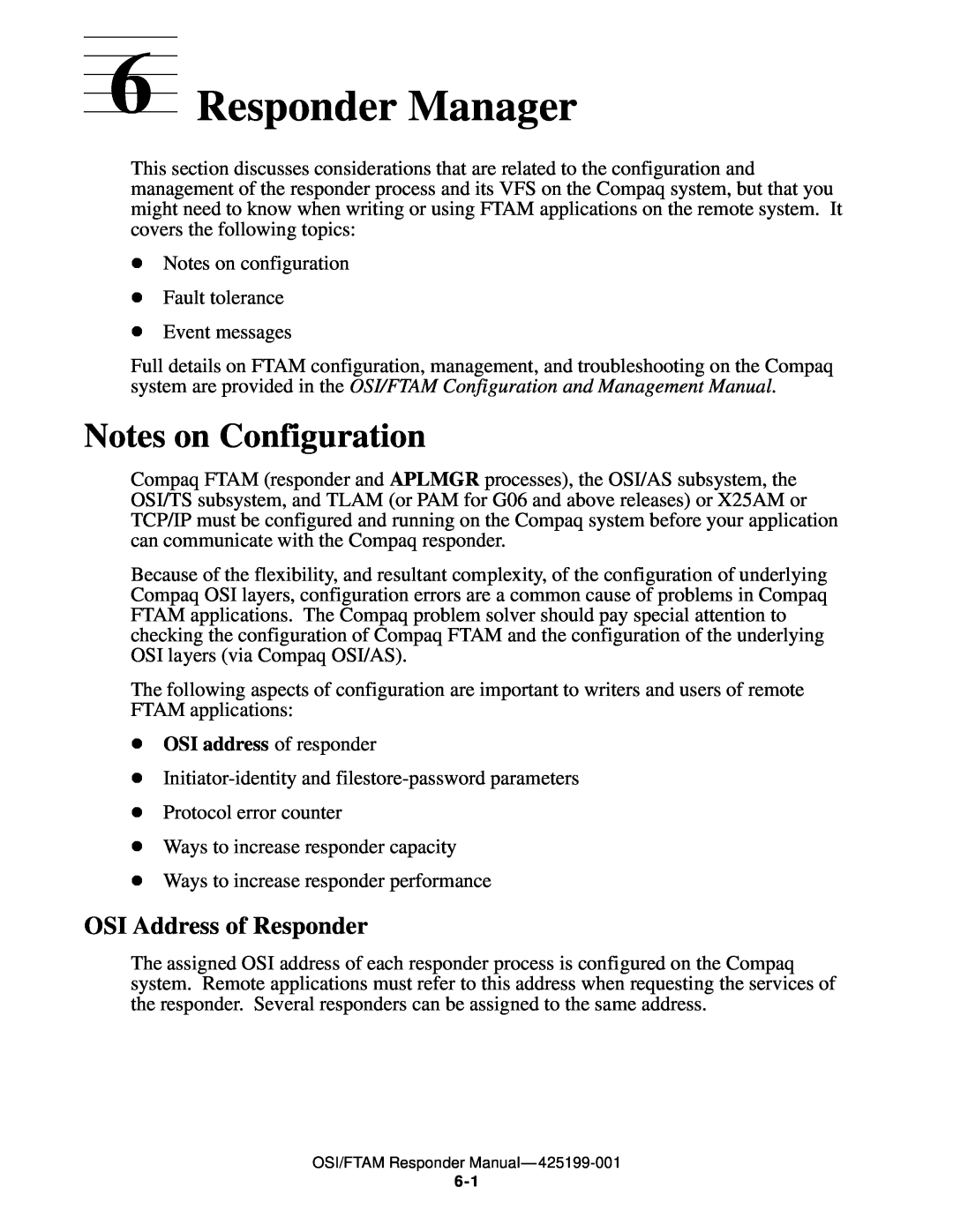 Compaq OSI/FTAM D43 manual Responder Manager, Notes on Configuration, OSI Address of Responder, OSI address of responder 