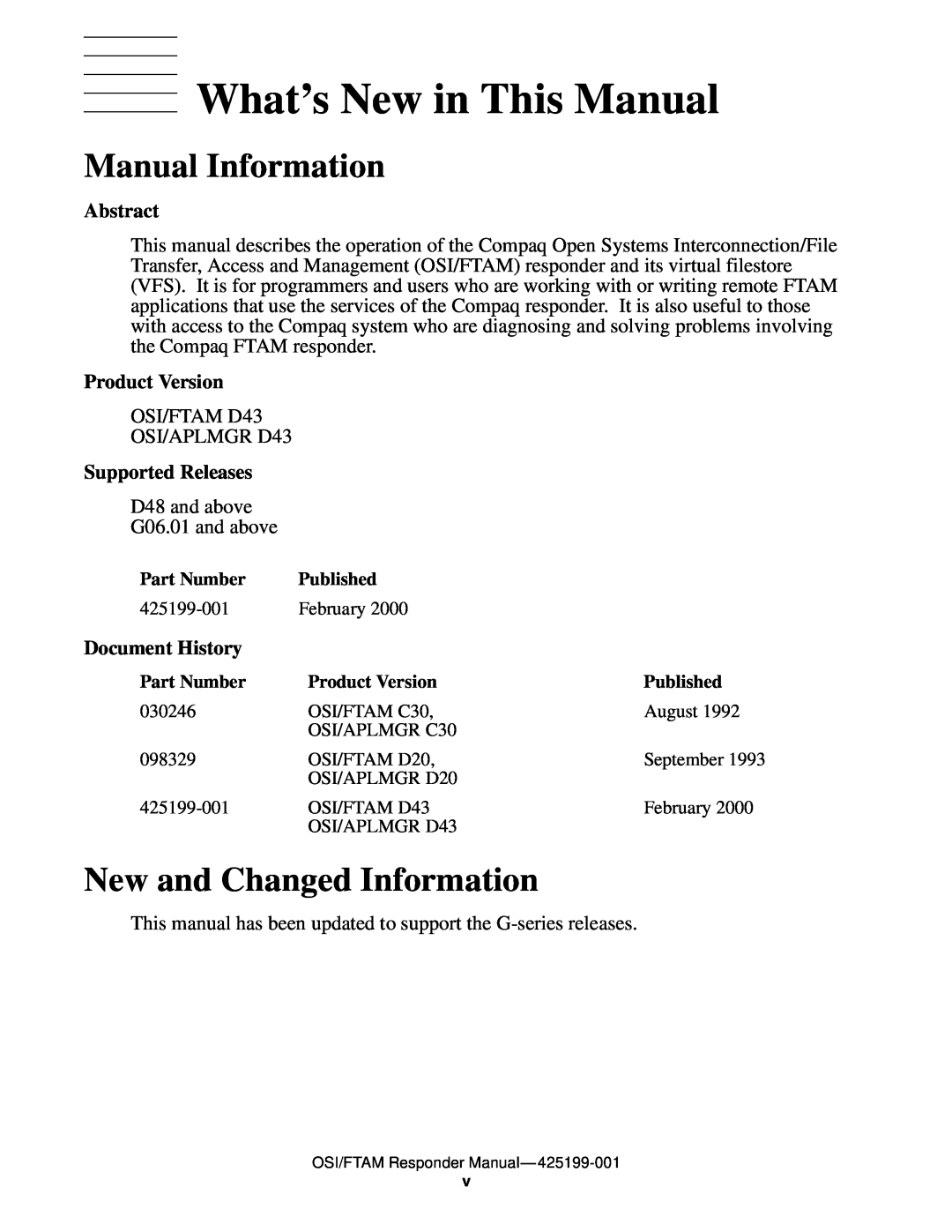 Compaq OSI/FTAM D43 What’s New in This Manual, Manual Information, New and Changed Information, Abstract, Product Version 