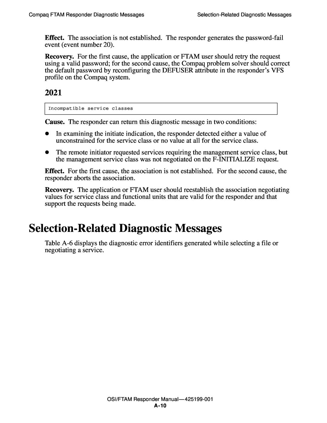 Compaq OSI/APLMGR D43, OSI/FTAM D43 manual Selection-Related Diagnostic Messages, 2021, A-10 