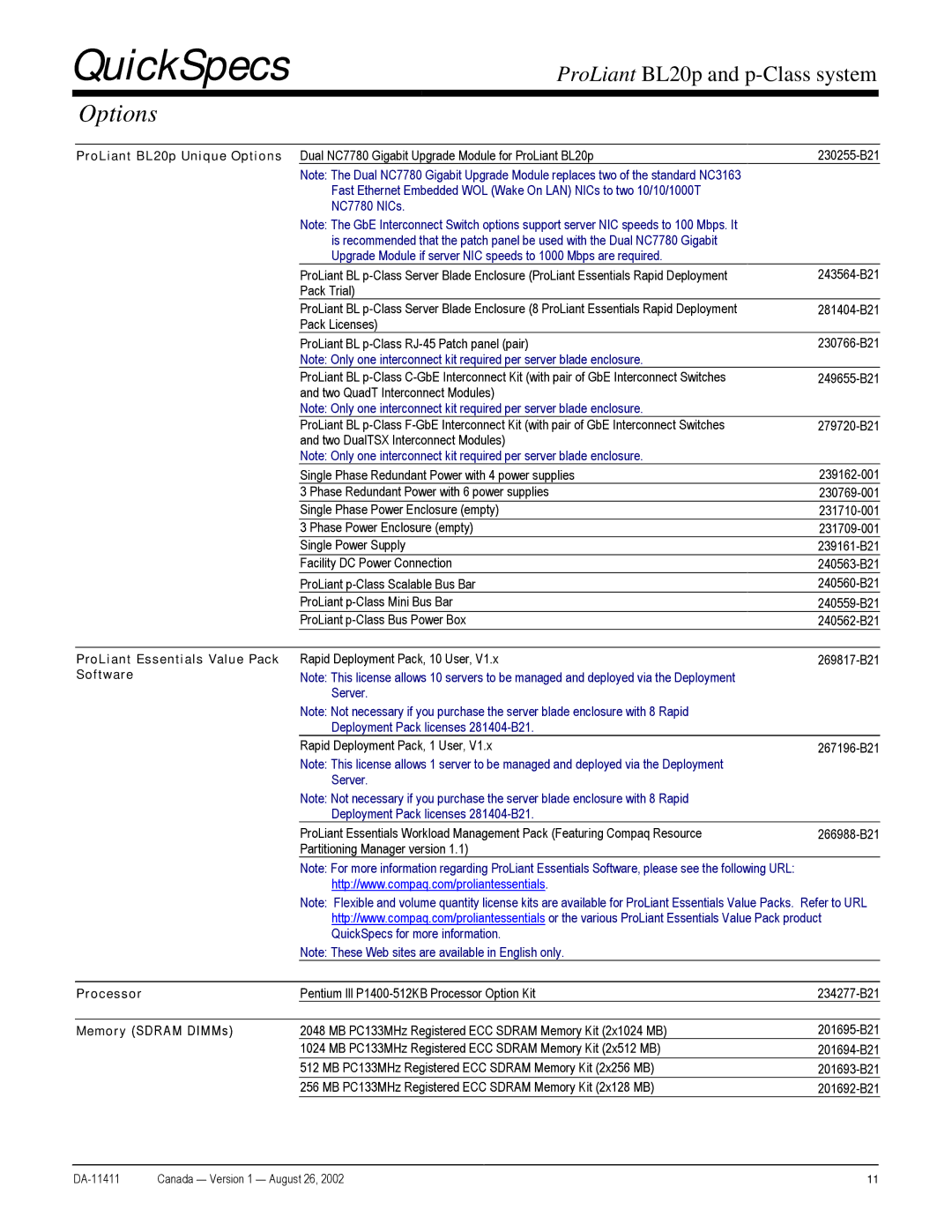 Compaq p-Class warranty Options, ProLiant Essentials Value Pack Software 