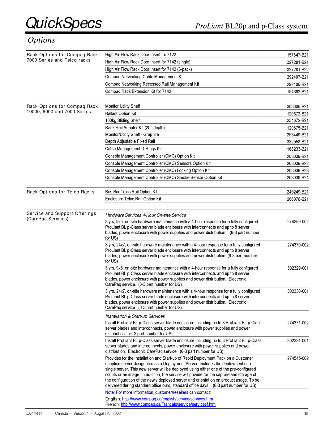 Compaq p-Class warranty Rack Options for Compaq Rack 7000 Series and Telco racks, Rack Options for Telco Racks 