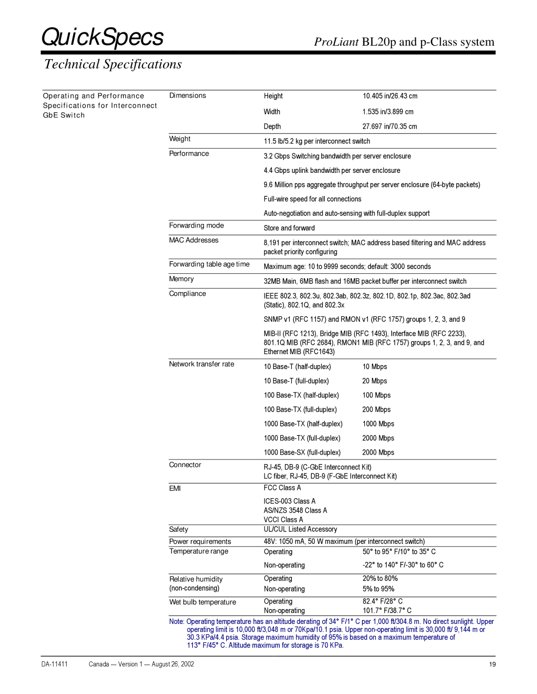 Compaq p-Class warranty Weight, Performance, Forwarding mode, MAC Addresses, Forwarding table age time, Compliance, Safety 